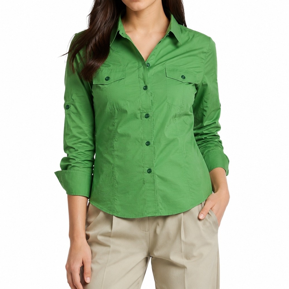 Theory Dervan Button Up Cotton Shirt Women's Size P Green Utility Chest Pockets